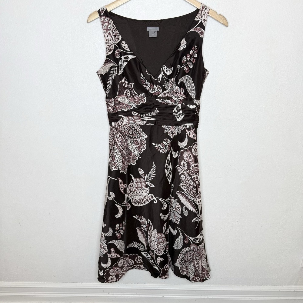 Ann Taylor Brown‎ Floral Silk V-Neck Dress Floral Y2K Lined Fairy Women's 2